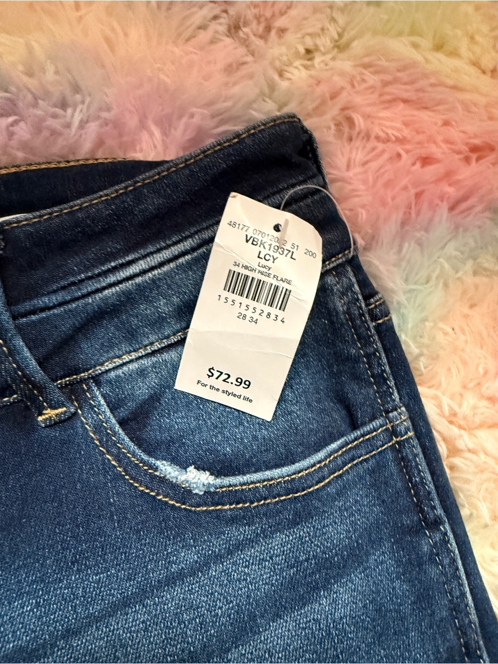 KanCan Dark Wash Blue Flare Jeans with Raw Hem - Picture 3 of 8
